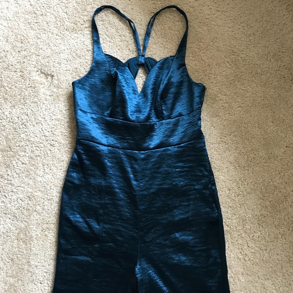 Free People Satin Emerald Bellbottom Jumpsuit